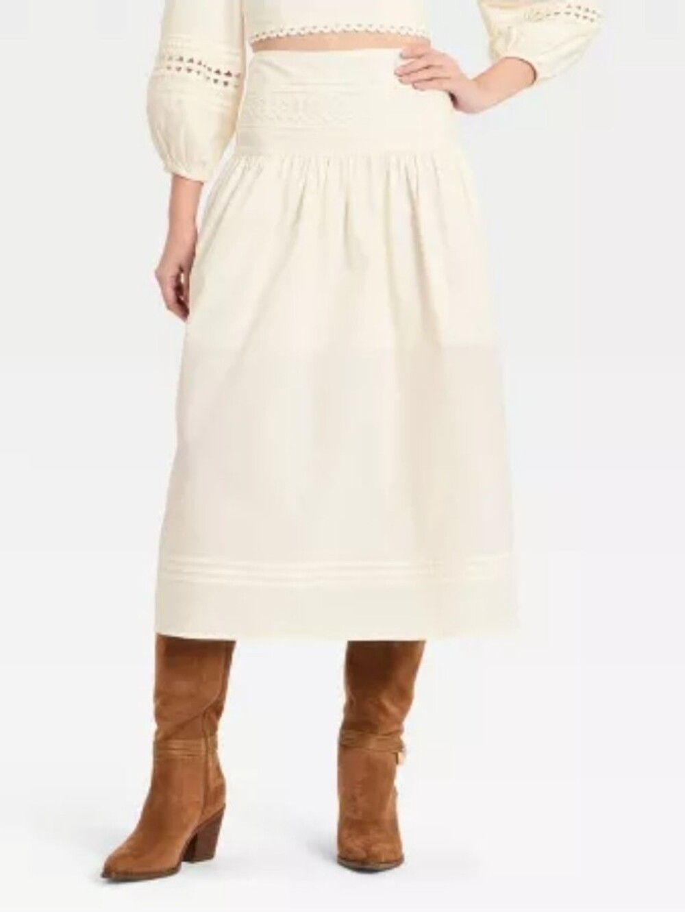 M Women's- a new day- Cream Colored Midi Skirt with Smocked Waistband-NWT